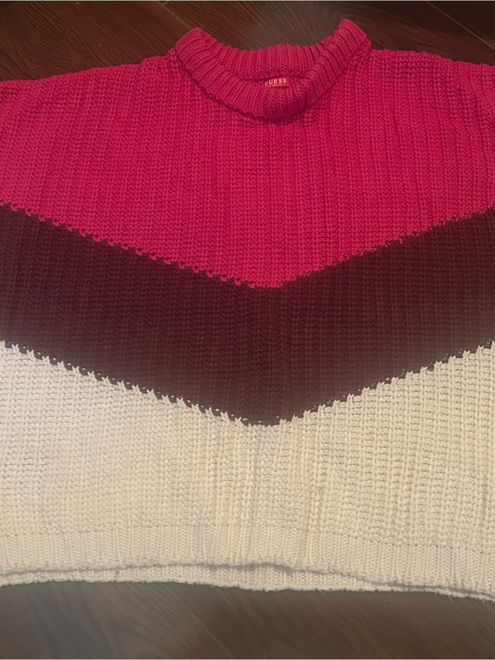 Guess Chevron Colorblock Turtleneck Sweater - Fuchsia, Black & Cream